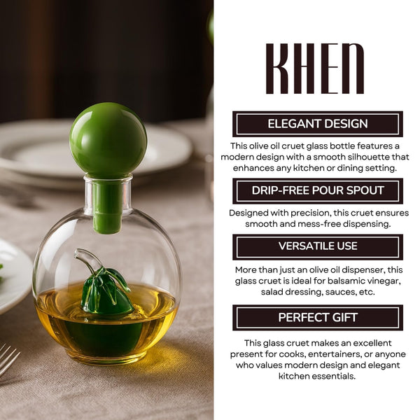 Olive Oil Dispenser Bottle 10oz Glass Cruet with Glass Olive, Drip-Free Pour Spout for Cooking & Salad Dressing, Clear Oils & Vinegar Kitchen, Dining, or Gourmet Gift – Elegant Storage & Serving Jar