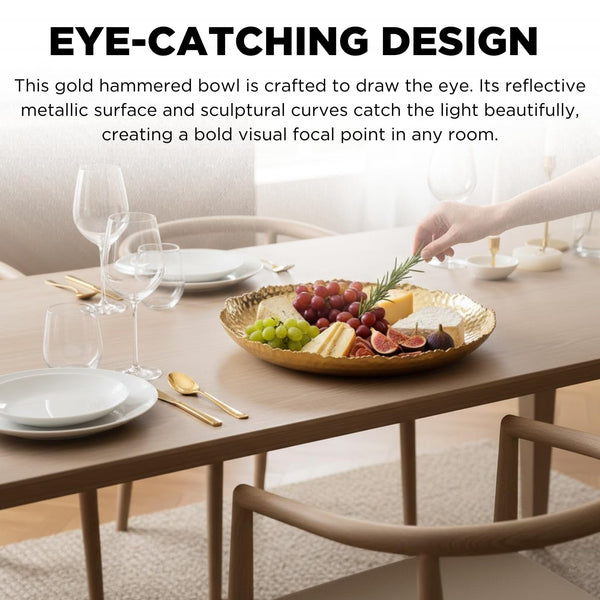 Gold Hammered Decorative Bowl Elegant Aluminum Centerpiece with Textured Finish Large Round 13 Inch Metallic Display Bowl for Home Kitchen or Dining Table Accent Modern Decorative Gifts Decor Bowls