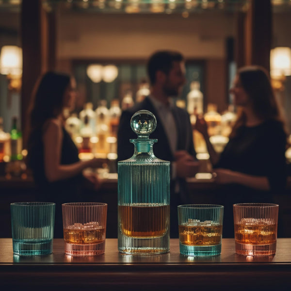 Khen Ribbed Decanter Set with 4 Glasses – Whiskey Bourbon Scotch Cocktail Drinkware | 5-Piece Muted Toned Glassware Collection | European Inspired Durable Barware Gift Elegant Home Bar 27oz 10oz