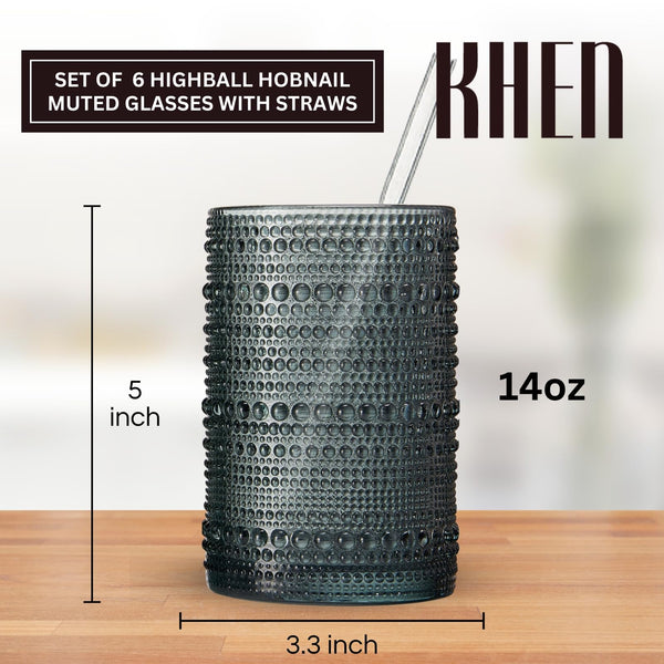 Khen Hobnail Drinking Glasses with Straws | Muted Colors | Set of 6