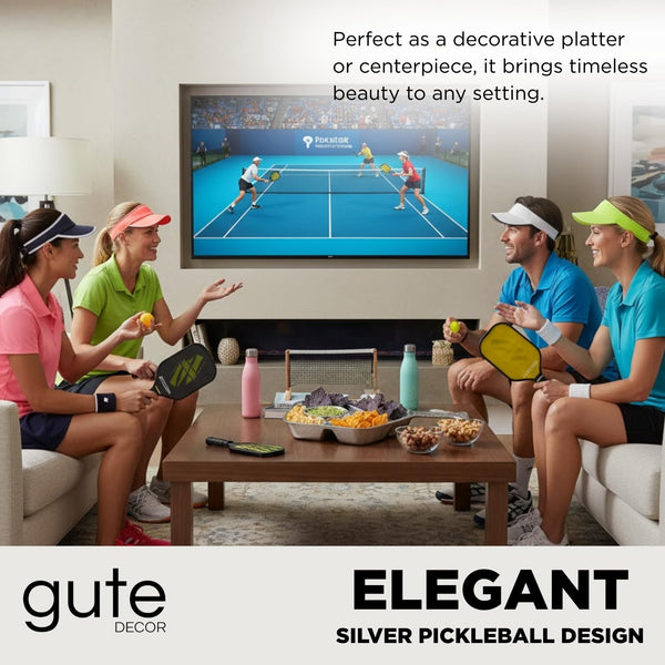 Silver Pickleball Serving Dish 13.7 Inch – Modern Decorative Tray with Heavy Polished Finish, Large Metal Centerpiece Platter, Snacks Fruits Appetizers Desserts, Home Decor Gift for Pickle ball Lovers