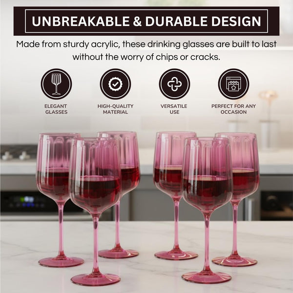 Khen Acrylic Lucia Stemmed Goblets - Unbreakable Wine Glasses Reusable Drinking Cups Dishwasher Safe Elegant Stemware for Cocktail Champagne | Kitchen Bar Party | Set of 6 |14oz | Coral