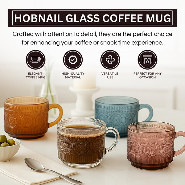 Tonal Hobnail Mug Glassware with Four Gold Spoons, Set of 4