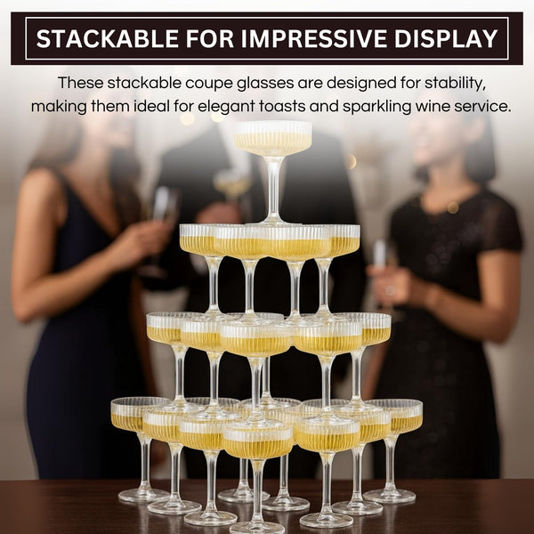 Premium ACRYLIC Champagne Tower Kit | 21 Stackable 7 oz Plastic Coupe Flutes | Reusable & Shatterproof Clear Plastic Glasses for Wedding Receptions, Birthday Parties, and Special Events, Clear Tall