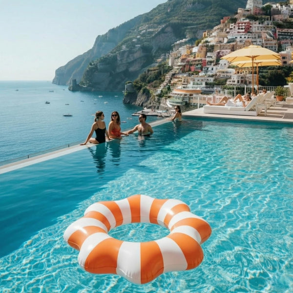Amalfi Scalloped Pool Float Ring, 1 Piece, Orange & White Inflatable Swim Tube