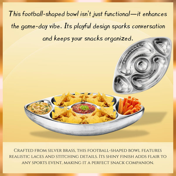 Football Tailgate Superbowl Serving Bowl Silver Brass Snack, Candy & Salad Bowl, Chip n Dip American Sports Decorative Centerpiece Serving Platter for Nuts, Salsas, Food, Serveware Decor Entertaining