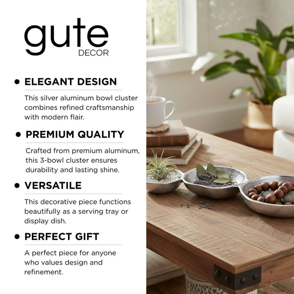 3 Cluster Decorative Bowls Bright Silver Snack Tray Bowl Chip & Dip Serving Piece Strong Brass Centerpiece Beautiful Room Accent & Entertaining Parties Home Decor Wedding Gifts 14 Inch Decorative Gift