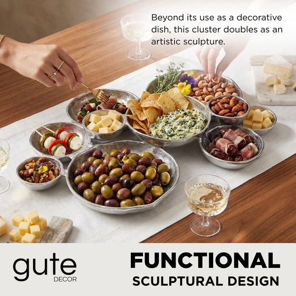 Cluster of 10 Round Serving Bowls Silver Clusters Decorative Elegant Snack Tray for Olives, Chip & Dip, Nuts, Appetizers & Entertaining Strong Brass & Enamel Home Decor Gifts, Parties & Weddings 20.5