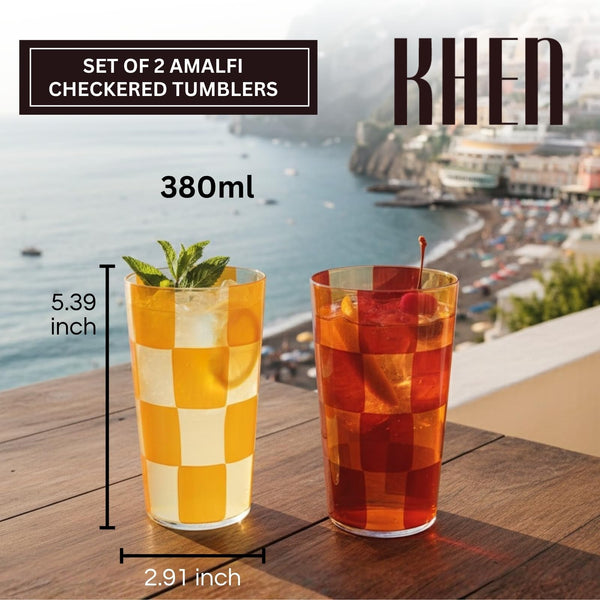 Amalfi Italian Checkered Tumblers 2 Piece Set 13oz Orange & Cream