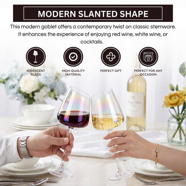 Slanted Iridescent Wine Glass, Clear Glass Angled Rainbow