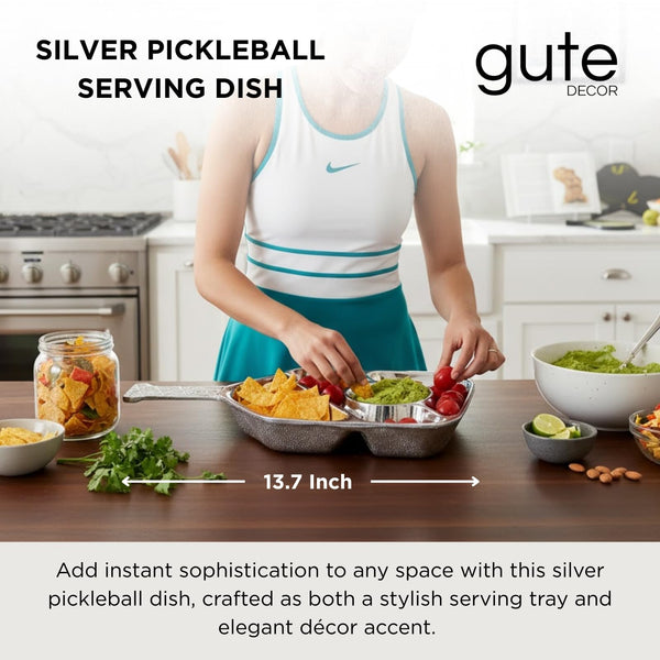 Silver Pickleball Serving Dish 13.7 Inch – Modern Decorative Tray with Heavy Polished Finish, Large Metal Centerpiece Platter, Snacks Fruits Appetizers Desserts, Home Decor Gift for Pickle ball Lovers