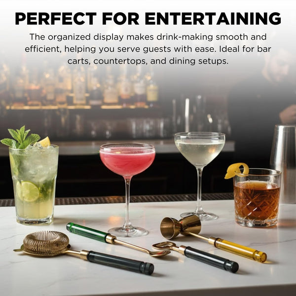 5-Piece Gold Bartender Kit with Stand. Stainless Steel Bar Tool Set, Colorful Handles. Includes Jigger, Strainer, Spoon, Bottle Opener Luxury Home Bar Cart Accessories, Cocktail Decor & Mixer Gift Set