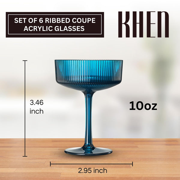 Shatterproof Acrylic Ribbed Vintage Art Deco Martini Set of 6