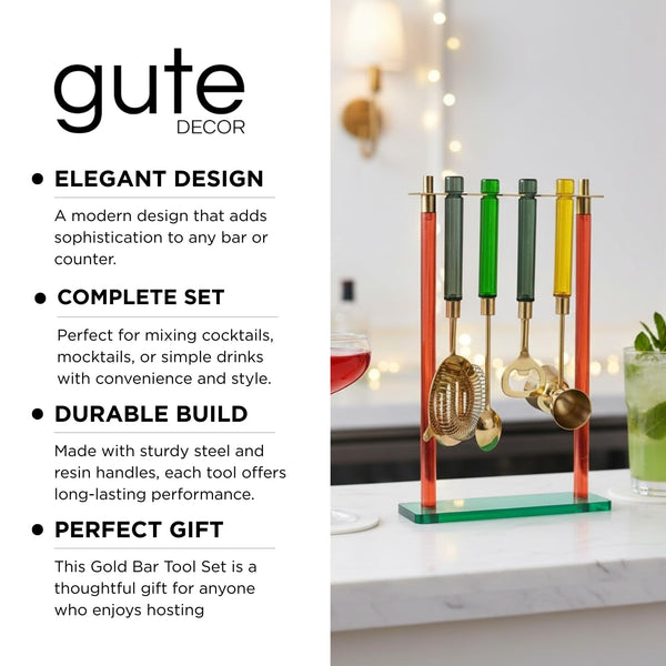 5-Piece Gold Bartender Kit with Stand. Stainless Steel Bar Tool Set, Colorful Handles. Includes Jigger, Strainer, Spoon, Bottle Opener Luxury Home Bar Cart Accessories, Cocktail Decor & Mixer Gift Set