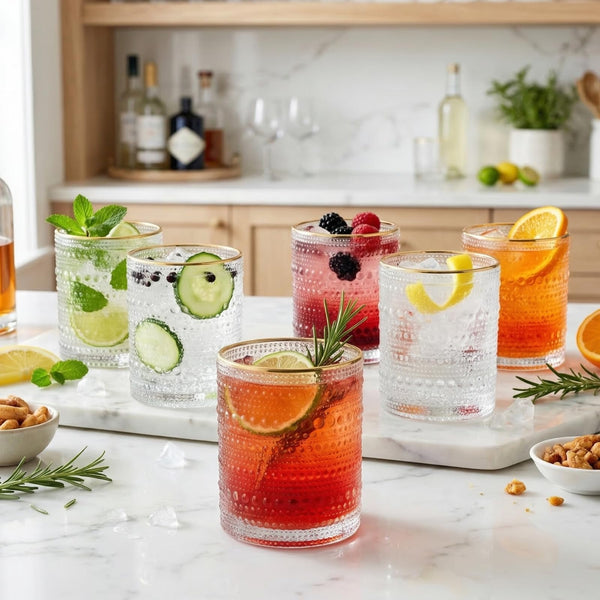 Clear Gold Rim Hobnail Glass Set, 6 Piece 10oz Transparent