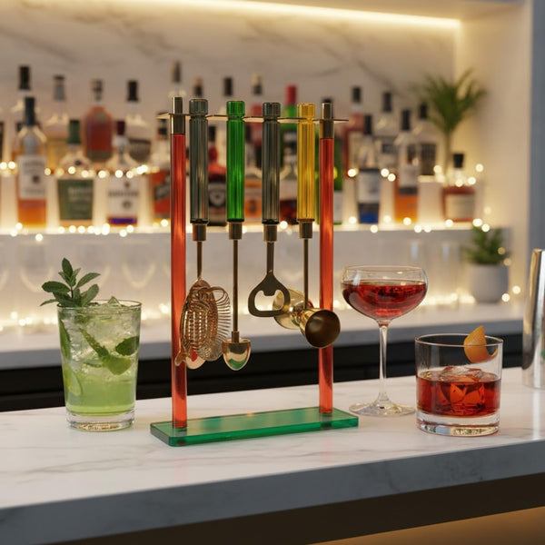 5-Piece Gold Bartender Kit with Stand. Stainless Steel Bar Tool Set, Colorful Handles. Includes Jigger, Strainer, Spoon, Bottle Opener Luxury Home Bar Cart Accessories, Cocktail Decor & Mixer Gift Set