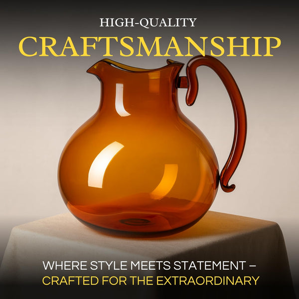 talian Design Amber Glass Jug Mouth-Blown Venetian Pitcher 750ml Handmade Murano-Inspired Carafe with Organic Wave Silhouette, Elegant Amber Tone Table Décor & Functional Art Glass for Dining Display