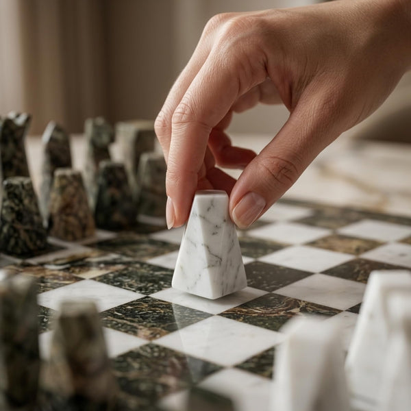 Marble Chess Set, 16.92 x 16.53 Inch Black and White Stone