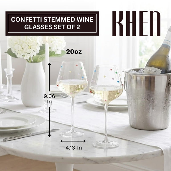 Confetti Stemmed Wine Glasses Set of 2, 20oz Multicolor Clear Glass 20oz Goblets for Wine Water Juice Sparkling Drinks, Elegant Handmade Drinkware for Parties Dining Entertaining Housewarming Gifts