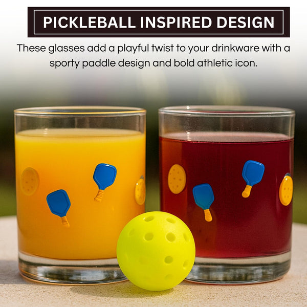 Khen Set of 2 Pickleball Paddle Icon Juice Glass Athletic Sports Cup 14.8oz Clear Stemless Cocktail Tumbler Leisure Game Night Barware Outdoor Indoor Party Recreation Gift for Player Enthusiast