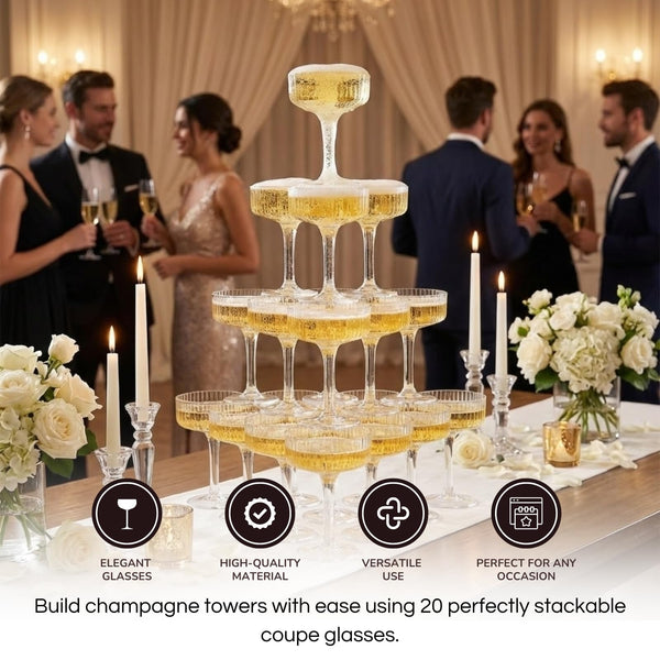 Premium ACRYLIC Champagne Tower Kit | 21 Stackable 7 oz Plastic Coupe Flutes | Reusable & Shatterproof Clear Plastic Glasses for Wedding Receptions, Birthday Parties, and Special Events, Clear Tall