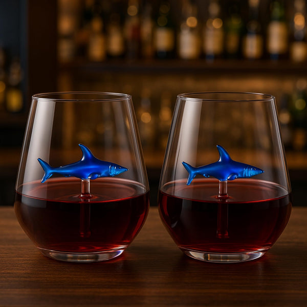 Handcrafted Stemless Shark Wine Glass - Personalized Set of 2 with 3D Sharks Inside - Red Wine Glasses - Unique Shark Lover Gifts - Ideal for Parties, Birthdays, Weddings - 10.05 oz Capacity (Blue)