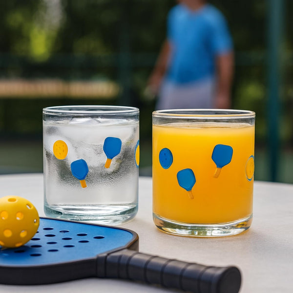 Khen Set of 2 Pickleball Paddle Icon Juice Glass Athletic Sports Cup 14.8oz Clear Stemless Cocktail Tumbler Leisure Game Night Barware Outdoor Indoor Party Recreation Gift for Player Enthusiast