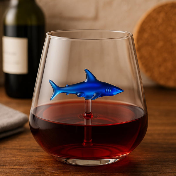 Handcrafted Stemless Shark Wine Glass - Personalized Set of 2 with 3D Sharks Inside - Red Wine Glasses - Unique Shark Lover Gifts - Ideal for Parties, Birthdays, Weddings - 10.05 oz Capacity (Blue)