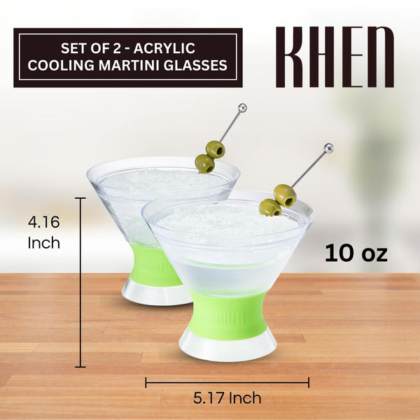 Khen Cooling Martini Glasses – Double-Wall Insulated 10 oz Cocktail Glasses with Frosted Base – BPA-Free, Shatterproof, Reusable Drinkware for Parties & Home Bars - Set of 2