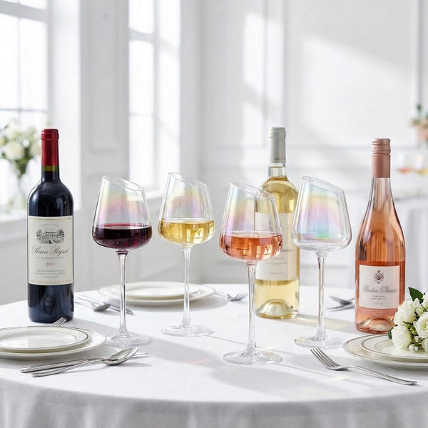 Slanted Iridescent Wine Glass, Clear Glass Angled Rainbow