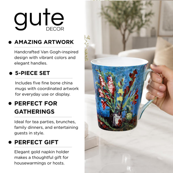 Van Gogh Bone China Set of 5 Large Mugs for Coffee and Tea, With Gift Box, 12