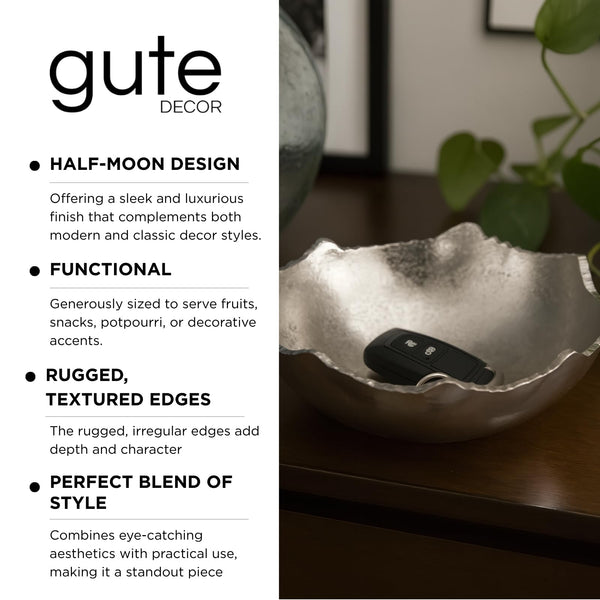 GUTE Decorative Silver Moon Decorative Metal Torn Hammered Asymmetrical Centerpiece Bowl with Pointed Edges, 10.2in Catch All, Silver Stainless Steel Metal, Accent Basket Fruit, Potpourri, Jewelry
