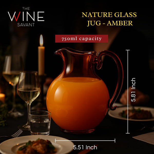 talian Design Amber Glass Jug Mouth-Blown Venetian Pitcher 750ml Handmade Murano-Inspired Carafe with Organic Wave Silhouette, Elegant Amber Tone Table Décor & Functional Art Glass for Dining Display