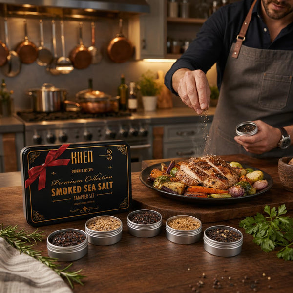 Smoke & Flame Sea Salt Gift Set of 6 – Gourmet Chefs Smoked Finishing Seasoning Variety Pack - Tin Gift Box