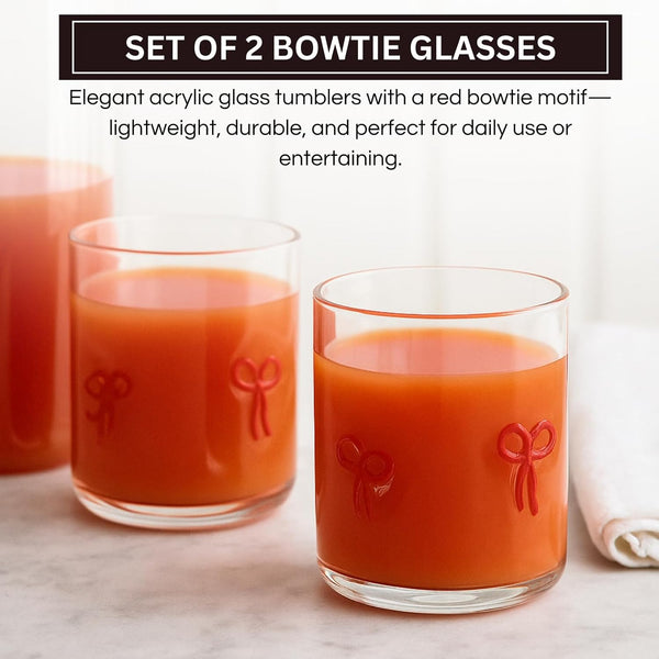 Red Bowtie Tumbler | Clear Water or Juice Glasses | Set of 2