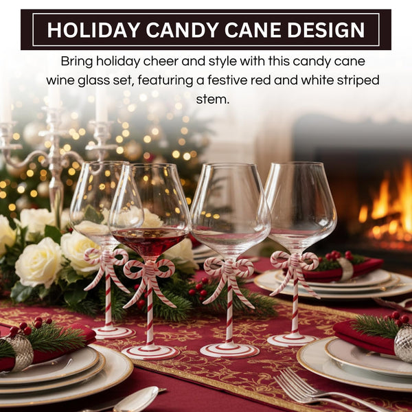Khen Christmas Candy Cane Bow Wine Glasses - Set of 4 - Festive Santa Ribbon Stem Goblets 20oz Red & White Striped Borosilicate Drinkware, Holiday Entertaining Winter Parties Home Bar Decor Gift