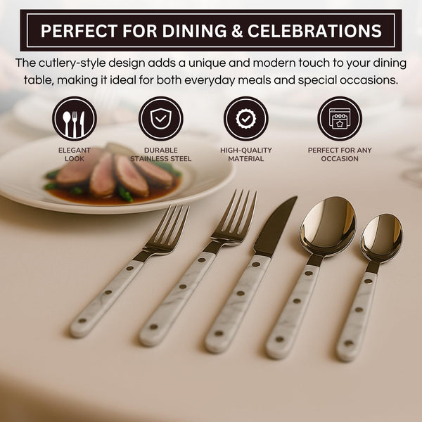 Khen 20-Piece Cutlery Set – Includes Dinner Knives, Forks, Spoons, Salad Forks & Teaspoons – Dishwasher Safe Cutlery Set for Home, Kitchen, Parties & Special Occasions – Carrera Pattern Handles