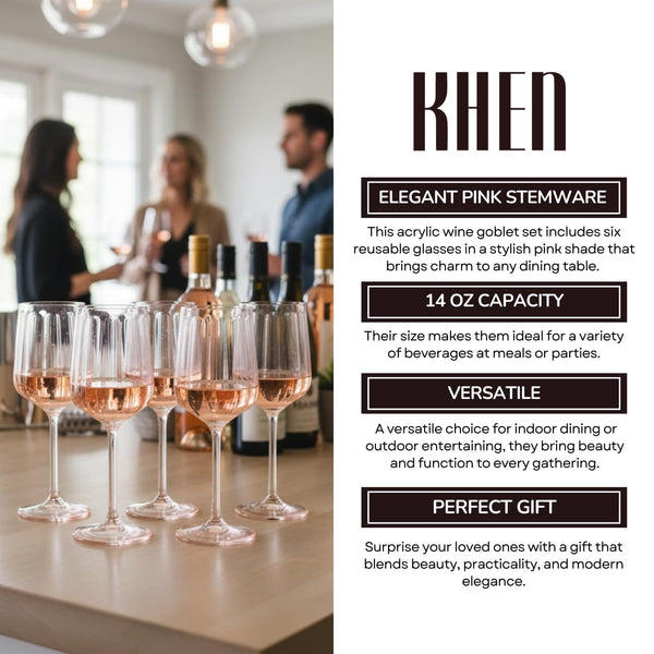 Khen Acrylic Lucia Stemmed Goblets - Unbreakable Wine Glasses Reusable Drinking Cups Dishwasher Safe Elegant Stemware for Cocktail Champagne | Kitchen Bar Party | Set of 6 |14oz | Pink