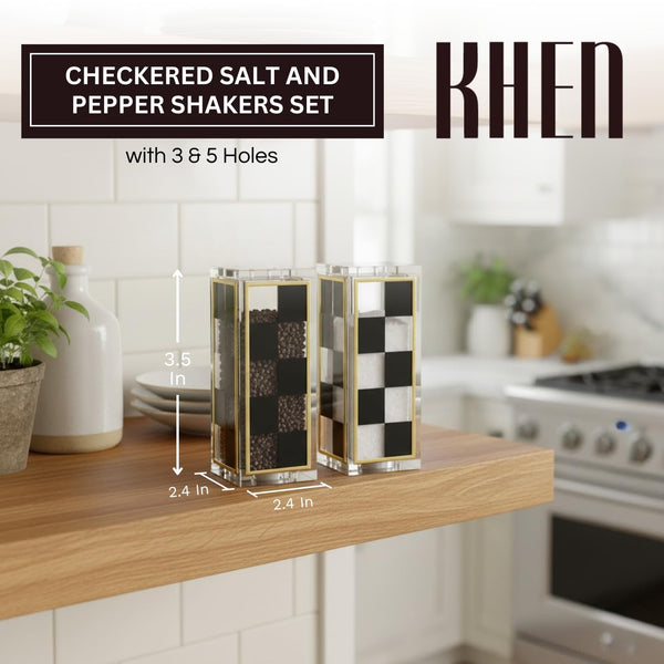 Checkered Salt and Pepper Shakers Set, Black White Square Design with 3 & 5 Holes, Modern Kitchen Decor Table Accessories, Elegant Dining Display, Contemporary Cooking Tool, Stylish Home Gift