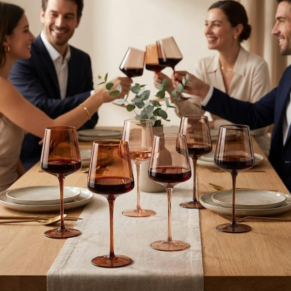 Venus Wine Glasses, Set of 6, Brown Shades 22.3oz Glass Tall Stemware Modern Drinkware for Cocktails Beverages Elegant Tableware Home Bar Dining Entertaining Party Décor Luxury Gifting
