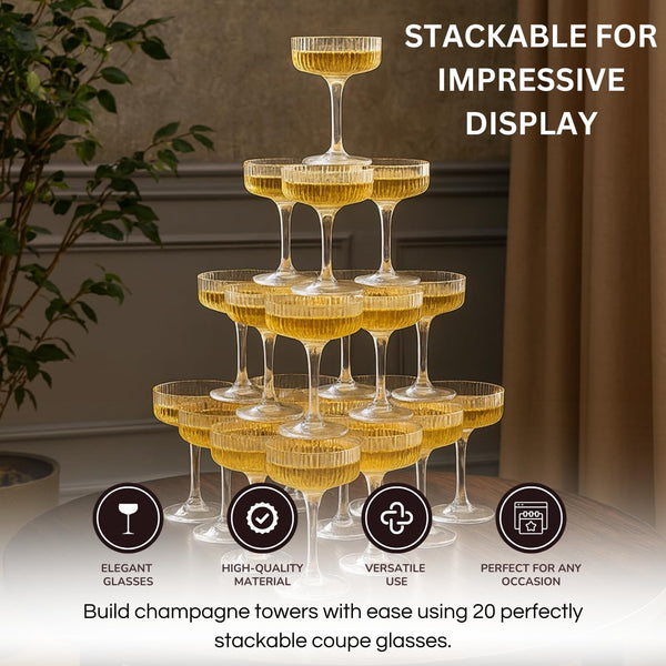 Premium ACRYLIC Champagne Tower Kit | 21 Stackable 7 oz Plastic Coupe Flutes | Reusable & Shatterproof Clear Plastic Glasses for Wedding Receptions, Birthday Parties, and Special Events, Clear Tall