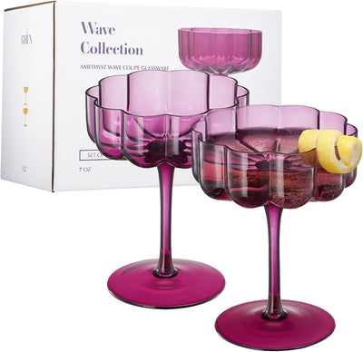 Khen Flower Vintage Wavy Glass Coupes Martini, Champagne & Cocktail Coupes - Set of 2-7oz Colorful Cocktail Glasses & Champagne, Prosecco, Mimosa Glassware Copyright Design - Amethyst Purple