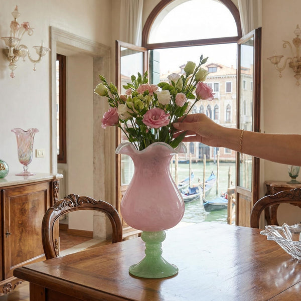 Sunrise Blush Murano Style Ruffled Glass Vase: Pink and Green Art Glass