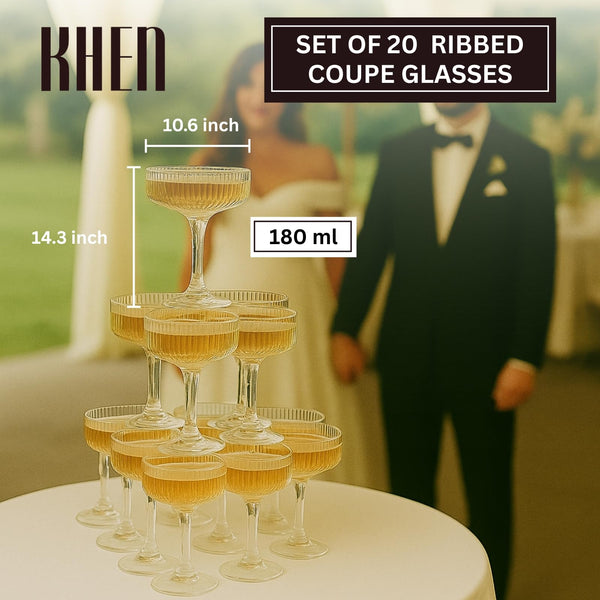 Glass Champagne Tower Set of 20 Crystal Coupes – 7oz Clear Stackable Coupe Glasses for Building Champagne Fountains at Weddings, Parties, Events, & Celebrations – Elegant Toasting Cups for Displays