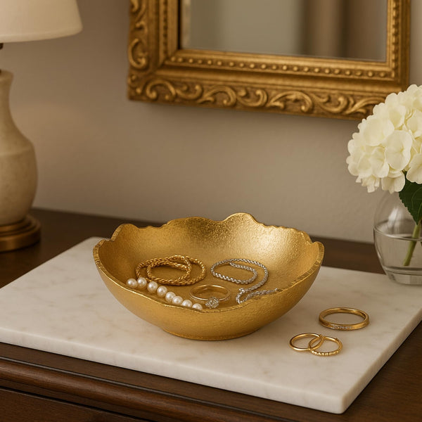 Decorative Gold Moon Decorative Metal Torn Hammered Asymmetrical Centerpiece Bowl with Pointed Edges, 10.2in Catch All, Golden Stainless Steel Metal & Brass, Accent Basket Fruit, Potpourri, Jewelry