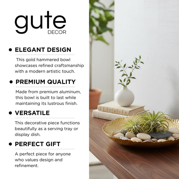 Gold Hammered Decorative Bowl Elegant Aluminum Centerpiece with Textured Finish Large Round 13 Inch Metallic Display Bowl for Home Kitchen or Dining Table Accent Modern Decorative Gifts Decor Bowls