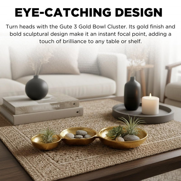 3 Cluster Decorative Bowls Gold Hammered Snack Tray Bowl Chip & Dip Serving Piece Strong Brass Centerpiece Beautiful Room Accent & Entertaining Parties Home Decor Wedding Gifts 14 Inch Decorative Gift