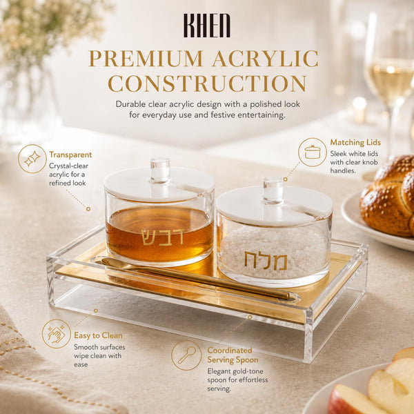 Rosh Hashanah Honey And Salt Dish Set Lids Spoon Clear Acrylic Judaica