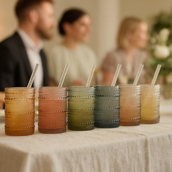 Khen Hobnail Drinking Glasses with Straws | Muted Colors | Set of 6