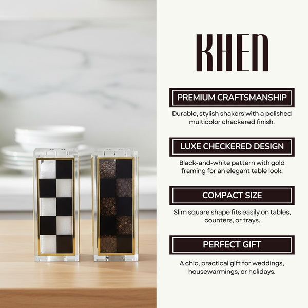 Checkered Salt and Pepper Shakers Set, Black White Square Design with 3 & 5 Holes, Modern Kitchen Decor Table Accessories, Elegant Dining Display, Contemporary Cooking Tool, Stylish Home Gift
